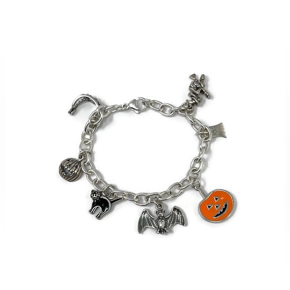 🎃VTG🎃Halloween Sterling Charm Bracelet: Jack O Lantern/Cat/Vampire Fang Charms - Picture 1 of 8
